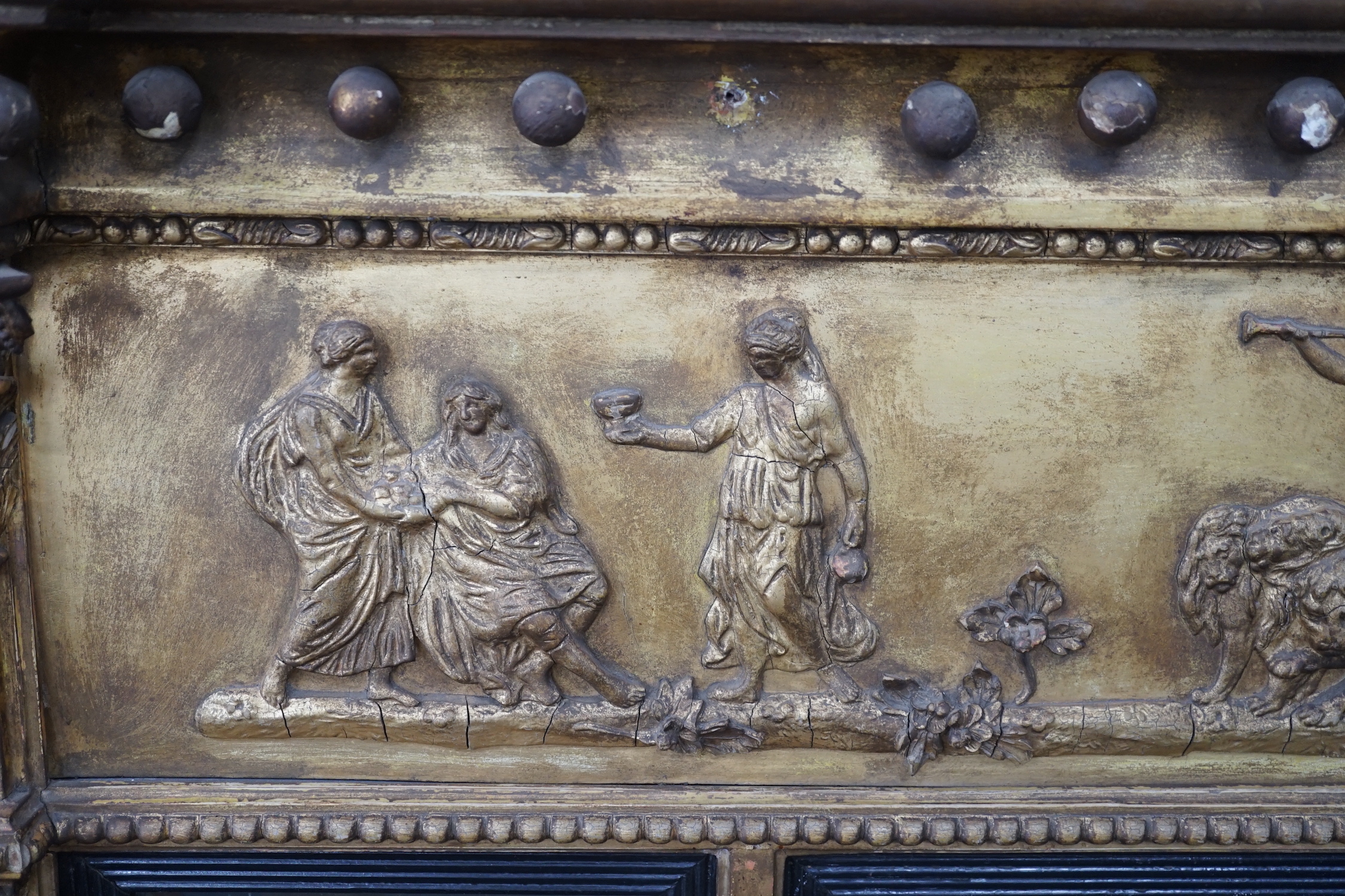 A 19th century neoclassical giltwood and composition overmantel mirror, width 140cm, height 98cm